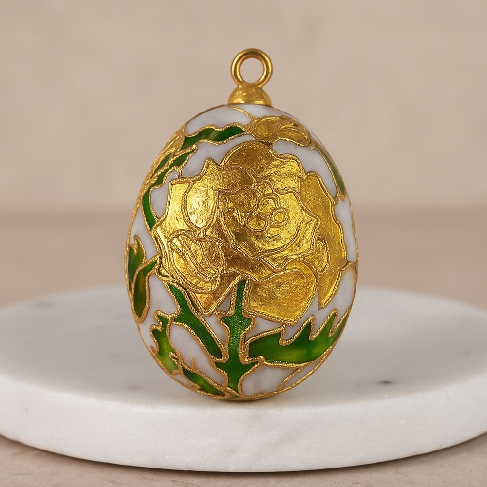 Cloisonne Egg Ornament White Gold Enamel Floral Trinket Collectible Decor
